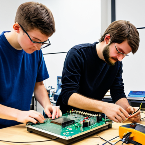 Home 6 A diverse group of individuals, including students, engineers, and hobbyists, collaboratively working on electronics projects in a brightly lit, modern FabLab. One person is meticulously soldering a circuit board, another is operating a 3D printer, and a third is observing a laser cutter. The space is filled with various tools, computers, and electronic components. All subjects are fully clothed in modest, workshop-appropriate attire. The atmosphere is focused and collaborative. Perfect anatomy, correct proportions, natural poses, well-formed hands, proper finger count, natural body proportions. Professional photography, high detail, vibrant colors, safe for work, appropriate content, family-friendly.
