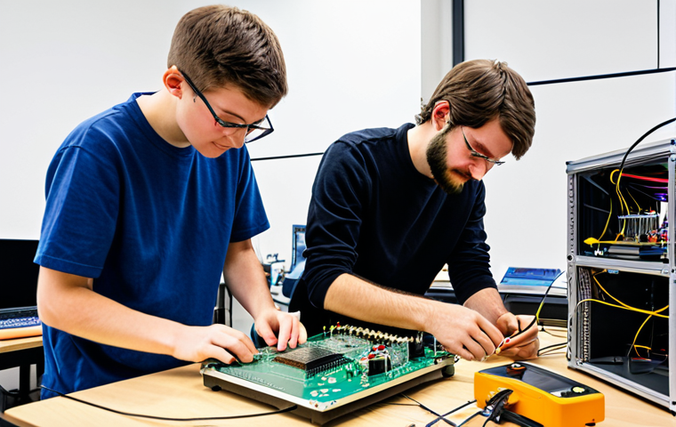 A diverse group of individuals, including students, engineers, and hobbyists, collaboratively working on electronics projects in a brightly lit, modern FabLab. One person is meticulously soldering a circuit board, another is operating a 3D printer, and a third is observing a laser cutter. The space is filled with various tools, computers, and electronic components. All subjects are fully clothed in modest, workshop-appropriate attire. The atmosphere is focused and collaborative. Perfect anatomy, correct proportions, natural poses, well-formed hands, proper finger count, natural body proportions. Professional photography, high detail, vibrant colors, safe for work, appropriate content, family-friendly.