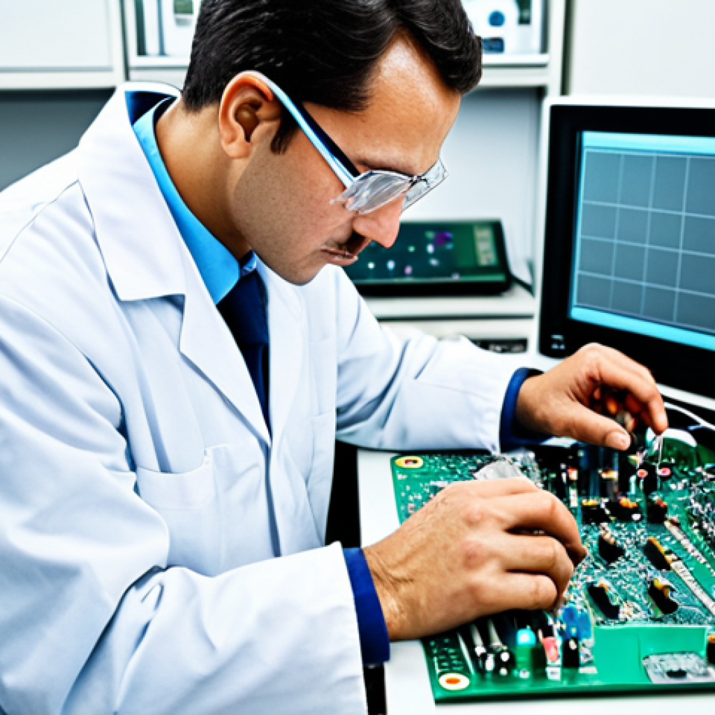 **

"A professional electrical engineer, fully clothed in a lab coat and safety glasses, working on a circuit board with various electronic components, appropriate attire, safe for work, modern laboratory setting, perfect anatomy, natural proportions, professional photography, high quality, family-friendly."

**