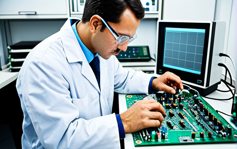 **

"A professional electrical engineer, fully clothed in a lab coat and safety glasses, working on a circuit board with various electronic components, appropriate attire, safe for work, modern laboratory setting, perfect anatomy, natural proportions, professional photography, high quality, family-friendly."

**
