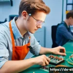 전자기기 자격증 난이도 비교 - A detailed scene of a modern electronics classroom in Germany, showing a young adult male apprentice...