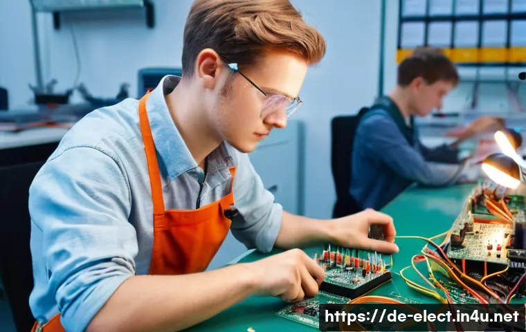 전자기기 자격증 난이도 비교 - A detailed scene of a modern electronics classroom in Germany, showing a young adult male apprentice...