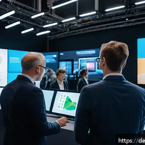 전자기기 관련 이직 성공 전략 - A modern electronics industry conference scene in Munich, showing a diverse group of professionals i...