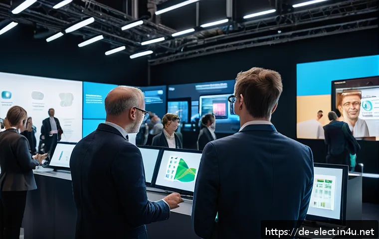 전자기기 관련 이직 성공 전략 - A modern electronics industry conference scene in Munich, showing a diverse group of professionals i...