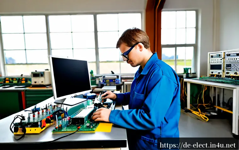 Home 17 전자기기 관련 자격증별 연봉 차이 - Photorealistic German electronics technician in a clean industrial workshop, wearing practical workw...